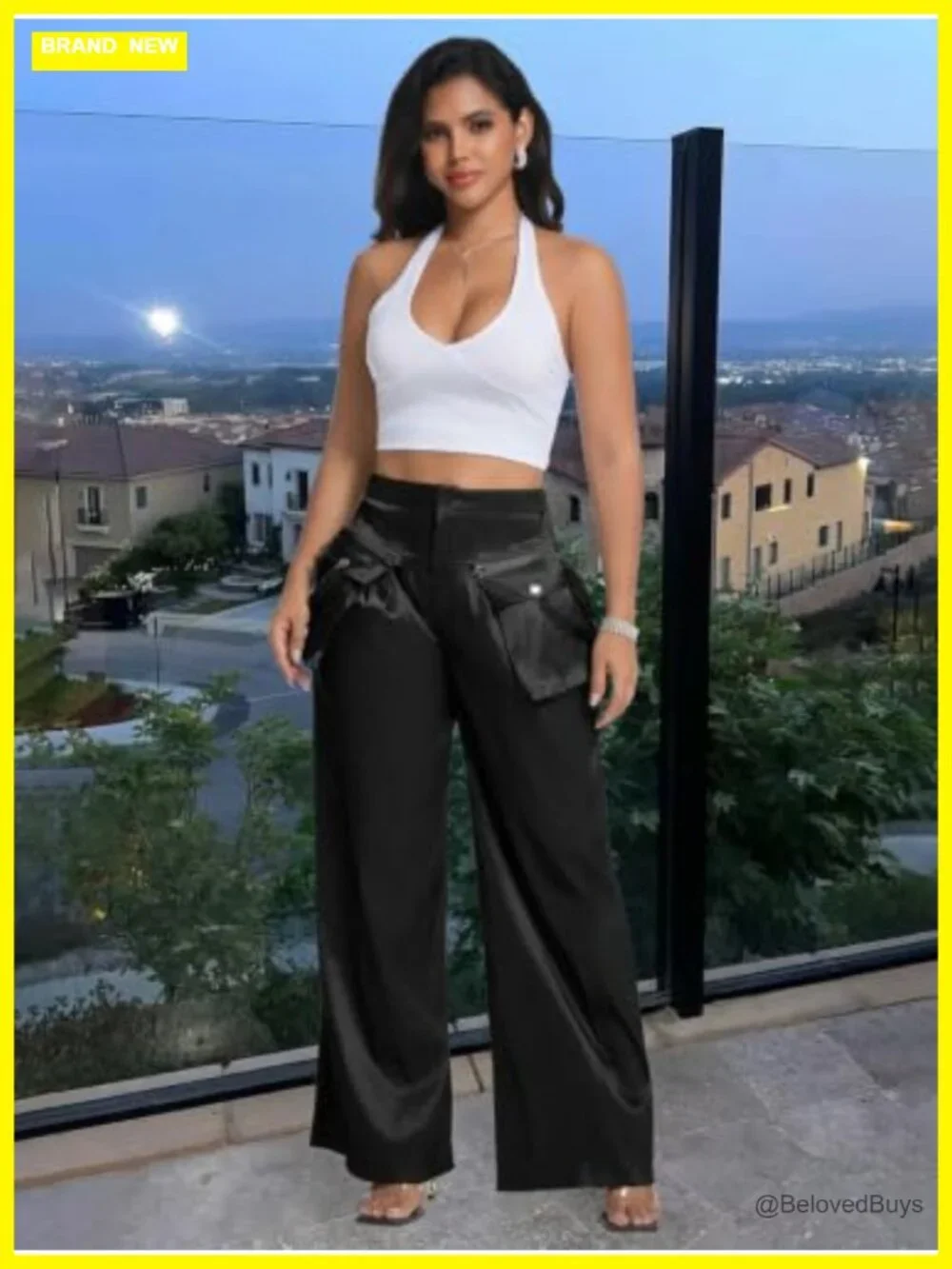 High Waisted Wide Leg Cargo Pants Satin Palazzo Going Out Party